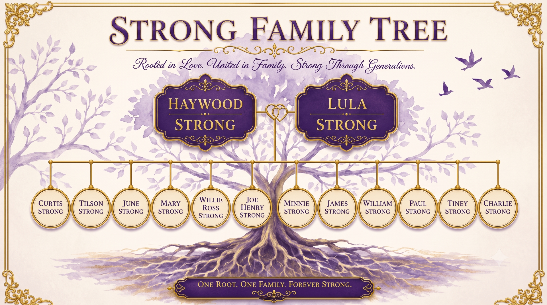 Strong Family Tree showing Haywood and Lula Strong and their descendants